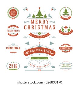 Christmas Labels and Badges Vector Design. Decorations elements, Symbols, Icons, Frames, Ornaments and Ribbons, set. Typographic Merry Christmas and Happy Holidays wishes.