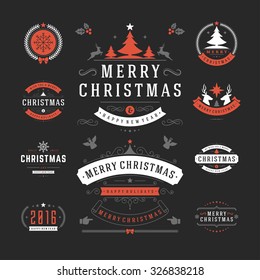 Christmas Labels and Badges Vector Design. Decorations elements, Symbols, Icons, Frames, Ornaments and Ribbons, set. Typographic Merry Christmas and Happy Holidays wishes.