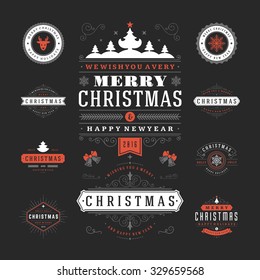 Christmas Labels and Badges Vector Design. Decorations elements, Symbols, Icons, Frames, Ornaments and Ribbons, set. Typographic Merry Christmas and Happy Holidays wishes.