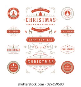 Christmas Labels and Badges Vector Design. Decorations elements, Symbols, Icons, Frames, Ornaments and Ribbons, set. Typographic Merry Christmas and Happy Holidays wishes.