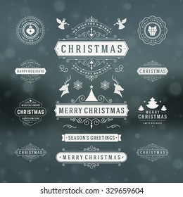 Christmas Labels and Badges Vector Design. Decorations elements, Symbols, Icons, Frames, Ornaments and Ribbons, set. Typographic Merry Christmas and Happy Holidays wishes.