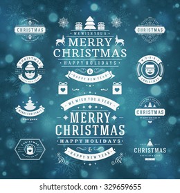 Christmas Labels and Badges Vector Design. Decorations elements, Symbols, Icons, Frames, Ornaments and Ribbons, set. Typographic Merry Christmas and Happy Holidays wishes.