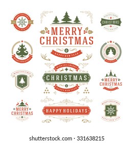 Christmas Labels and Badges Vector Design. Decorations elements, Symbols, Icons, Frames, Ornaments and Ribbons, set. Typographic Merry Christmas and Happy Holidays wishes.