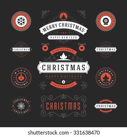 Christmas Labels and Badges Vector Design. Decorations elements, Symbols, Icons, Frames, Ornaments and Ribbons, set. Typographic Merry Christmas and Happy Holidays wishes.