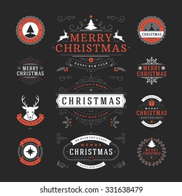 Christmas Labels and Badges Vector Design. Decorations elements, Symbols, Icons, Frames, Ornaments and Ribbons, set. Typographic Merry Christmas and Happy Holidays wishes.