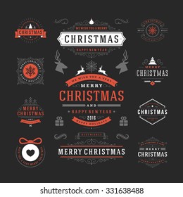 Christmas Labels and Badges Vector Design. Decorations elements, Symbols, Icons, Frames, Ornaments and Ribbons, set. Typographic Merry Christmas and Happy Holidays wishes.