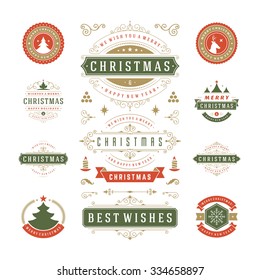 Christmas Labels and Badges Vector Design. Decorations elements, Symbols, Icons, Frames, Ornaments and Ribbons, set. Typographic Merry Christmas and Happy Holidays wishes.