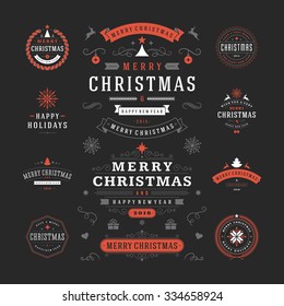 Christmas Labels and Badges Vector Design. Decorations elements, Symbols, Icons, Frames, Ornaments and Ribbons, set. Typographic Merry Christmas and Happy Holidays wishes.