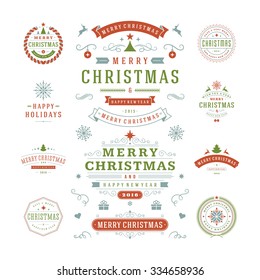 Christmas Labels and Badges Vector Design. Decorations elements, Symbols, Icons, Frames, Ornaments and Ribbons, set. Typographic Merry Christmas and Happy Holidays wishes.