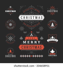 Christmas Labels and Badges Vector Design. Decorations elements, Symbols, Icons, Frames, Ornaments and Ribbons, set. Typographic Merry Christmas and Happy Holidays wishes.
