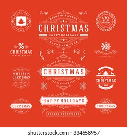 Christmas Labels and Badges Vector Design. Decorations elements, Symbols, Icons, Frames, Ornaments and Ribbons, set. Typographic Merry Christmas and Happy Holidays wishes.