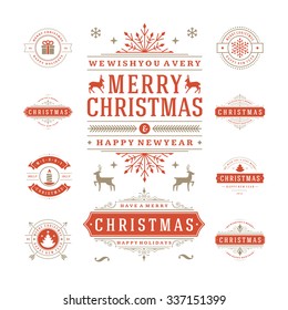 Christmas Labels and Badges Vector Design. Decorations elements, Symbols, Icons, Frames, Ornaments and Ribbons, set. Typographic Merry Christmas and Happy Holidays wishes.