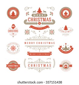 Christmas Labels and Badges Vector Design. Decorations elements, Symbols, Icons, Frames, Ornaments and Ribbons, set. Typographic Merry Christmas and Happy Holidays wishes.