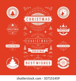 Christmas Labels and Badges Vector Design. Decorations elements, Symbols, Icons, Frames, Ornaments and Ribbons, set. Typographic Merry Christmas and Happy Holidays wishes.