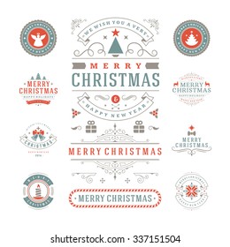 Christmas Labels and Badges Vector Design. Decorations elements, Symbols, Icons, Frames, Ornaments and Ribbons, set. Typographic Merry Christmas and Happy Holidays wishes.