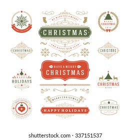 Christmas Labels and Badges Vector Design. Decorations elements, Symbols, Icons, Frames, Ornaments and Ribbons, set. Typographic Merry Christmas and Happy Holidays wishes.