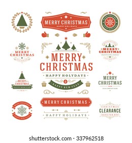 Christmas Labels and Badges Vector Design. Decorations elements, Symbols, Icons, Frames, Ornaments and Ribbons, set. Typographic Merry Christmas and Happy Holidays wishes.