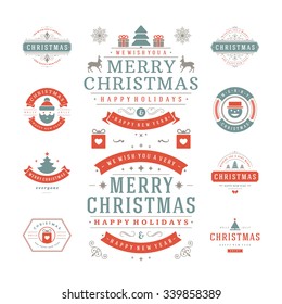 Christmas Labels and Badges Vector Design. Decorations elements, Symbols, Icons, Frames, Ornaments and Ribbons, set. Typographic Merry Christmas and Happy Holidays wishes.