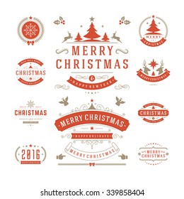 Christmas Labels and Badges Vector Design. Decorations elements, Symbols, Icons, Frames, Ornaments and Ribbons, set. Typographic Merry Christmas and Happy Holidays wishes.