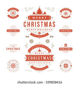 Christmas Labels and Badges Vector Design. Decorations elements, Symbols, Icons, Frames, Ornaments and Ribbons, set. Typographic Merry Christmas and Happy Holidays wishes.