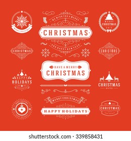 Christmas Labels and Badges Vector Design. Decorations elements, Symbols, Icons, Frames, Ornaments and Ribbons, set. Typographic Merry Christmas and Happy Holidays wishes.