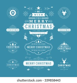 Christmas Labels and Badges Vector Design. Decorations elements, Symbols, Icons, Frames, Ornaments and Ribbons, set. Typographic Merry Christmas and Happy Holidays wishes.