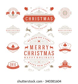 Christmas Labels and Badges Vector Design. Decorations elements, Symbols, Icons, Frames, Ornaments and Ribbons, set. Typographic Merry Christmas and Happy Holidays wishes.