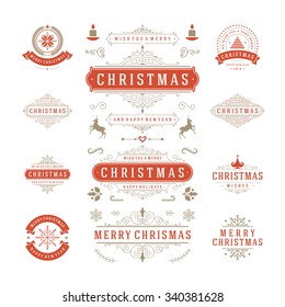 Christmas Labels and Badges Vector Design. Decorations elements, Symbols, Icons, Frames, Ornaments and Ribbons, set. Typographic Merry Christmas and Happy Holidays wishes.