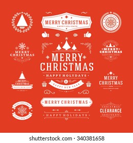 Christmas Labels and Badges Vector Design. Decorations elements, Symbols, Icons, Frames, Ornaments and Ribbons, set. Typographic Merry Christmas and Happy Holidays wishes.