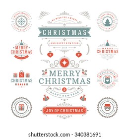 Christmas Labels and Badges Vector Design. Decorations elements, Symbols, Icons, Frames, Ornaments and Ribbons, set. Typographic Merry Christmas and Happy Holidays wishes.