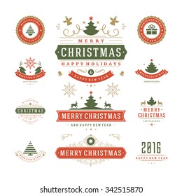 Christmas Labels and Badges Vector Design. Decorations elements, Symbols, Icons, Frames, Ornaments and Ribbons, set. Typographic Merry Christmas and Happy Holidays wishes.