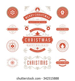 Christmas Labels and Badges Vector Design. Decorations elements, Symbols, Icons, Frames, Ornaments and Ribbons, set. Typographic Merry Christmas and Happy Holidays wishes.