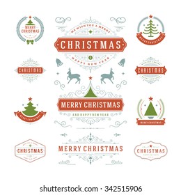 Christmas Labels and Badges Vector Design. Decorations elements, Symbols, Icons, Frames, Ornaments and Ribbons, set. Typographic Merry Christmas and Happy Holidays wishes.