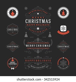 Christmas Labels and Badges Vector Design. Decorations elements, Symbols, Icons, Frames, Ornaments and Ribbons, set. Typographic Merry Christmas and Happy Holidays wishes.