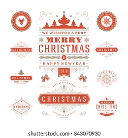 Christmas Labels and Badges Vector Design. Decorations elements, Symbols, Icons, Frames, Ornaments and Ribbons, set. Typographic Merry Christmas and Happy Holidays wishes.