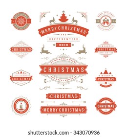 Christmas Labels and Badges Vector Design. Decorations elements, Symbols, Icons, Frames, Ornaments and Ribbons, set. Typographic Merry Christmas and Happy Holidays wishes.