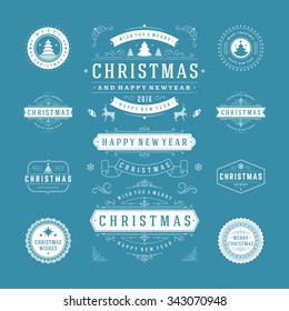 Christmas Labels and Badges Vector Design. Decorations elements, Symbols, Icons, Frames, Ornaments and Ribbons, set. Typographic Merry Christmas and Happy Holidays wishes.