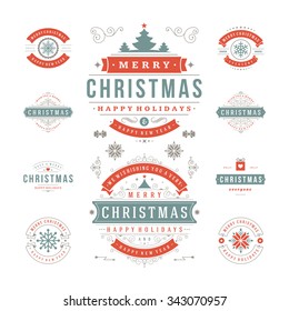 Christmas Labels and Badges Vector Design. Decorations elements, Symbols, Icons, Frames, Ornaments and Ribbons, set. Typographic Merry Christmas and Happy Holidays wishes.