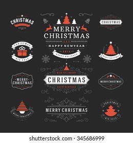 Christmas Labels and Badges Vector Design. Decorations elements, Symbols, Icons, Frames, Ornaments and Ribbons, set. Typographic Merry Christmas and Happy Holidays wishes.