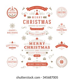 Christmas Labels and Badges Vector Design. Decorations elements, Symbols, Icons, Frames, Ornaments and Ribbons, set. Typographic Merry Christmas and Happy Holidays wishes.