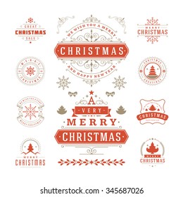 Christmas Labels and Badges Vector Design. Decorations elements, Symbols, Icons, Frames, Ornaments and Ribbons, set. Typographic Merry Christmas and Happy Holidays wishes. 