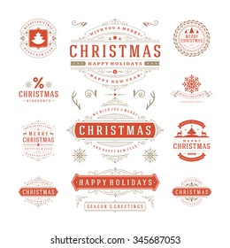 Christmas Labels and Badges Vector Design. Decorations elements, Symbols, Icons, Frames, Ornaments and Ribbons, set. Typographic Merry Christmas and Happy Holidays wishes.