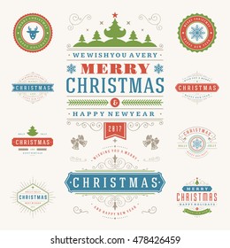 Christmas Labels and Badges Vector Design Elements Set. Merry Christmas and Holidays Wishes Retro Typography Greeting Cards, Posters and Flyers, Decoration objects and symbols, vintage ornaments.