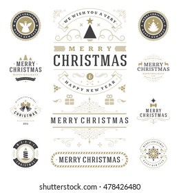 Christmas Labels and Badges Vector Design Elements Set. Merry Christmas and Holidays Wishes Retro Typography Greeting Cards, Posters and Flyers, Decoration objects and symbols, vintage ornaments.