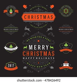Christmas Labels and Badges Vector Design Elements Set. Merry Christmas and Holidays Wishes Retro Typography Greeting Cards, Posters and Flyers, Decoration objects and symbols, vintage ornaments.
