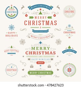 Christmas Labels and Badges Vector Design Elements Set. Merry Christmas and Holidays Wishes Retro Typography Greeting Cards, Posters and Flyers, Decoration objects and symbols, vintage ornaments.