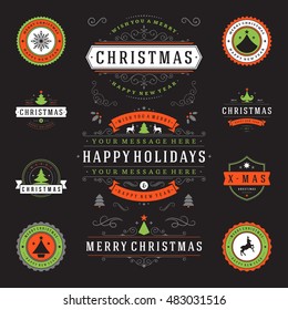 Christmas Labels and Badges Vector Design Elements Set. Merry Christmas and Holidays Wishes Retro Typography Greeting Cards, Posters and Flyers, Decoration objects and symbols, vintage ornaments.