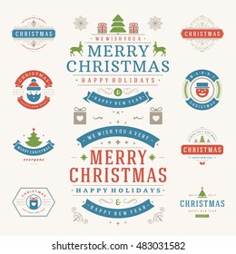 Christmas Labels and Badges Vector Design Elements Set. Merry Christmas and Holidays Wishes Retro Typography Greeting Cards, Posters and Flyers, Decoration objects and symbols, vintage ornaments.