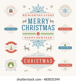 Christmas Labels and Badges Vector Design Elements Set. Merry Christmas and Holidays Wishes Retro Typography Greeting Cards, Posters and Flyers, Decoration objects and symbols, vintage ornaments.