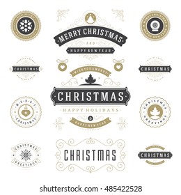 Christmas Labels and Badges Vector Design Elements Set. Merry Christmas and Holidays Wishes Retro Typography Greeting Cards, Posters and Flyers, Decoration objects and symbols, vintage ornaments.